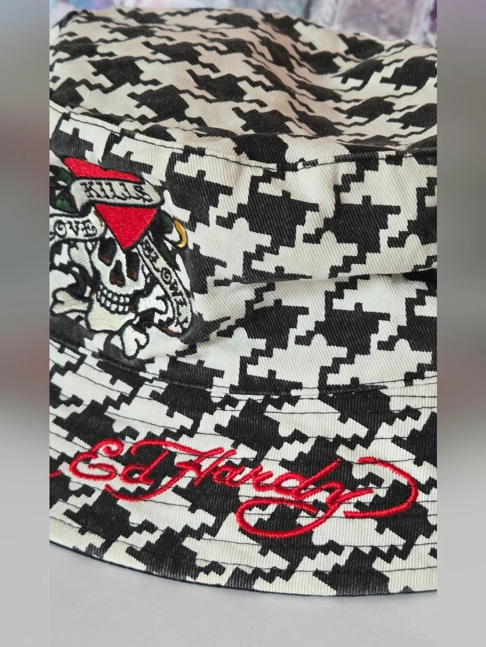 Ed Hardy Black & White Houndstooth Bucket Hat with Skull Patch